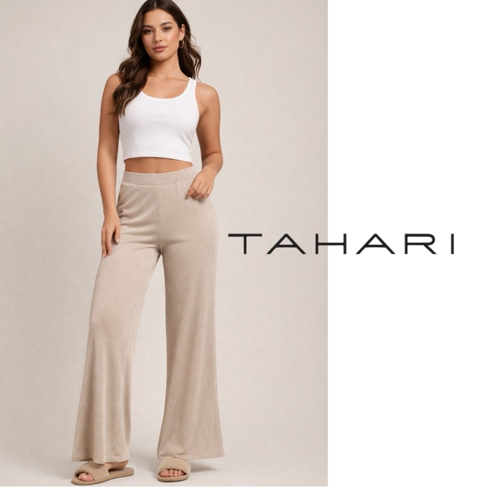Tahari Champagne Lurex Wide Leg Pants Sparkle Metallic High Rise Women M 29x31